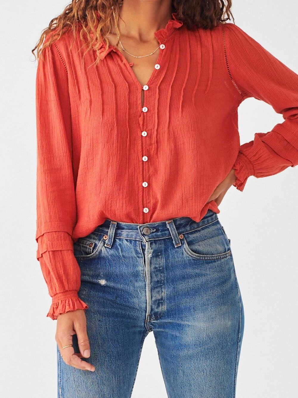 Faherty $158 Willa Organic Cotton Coral Pink Ruffle Puff Sleeve Peasant Top XL